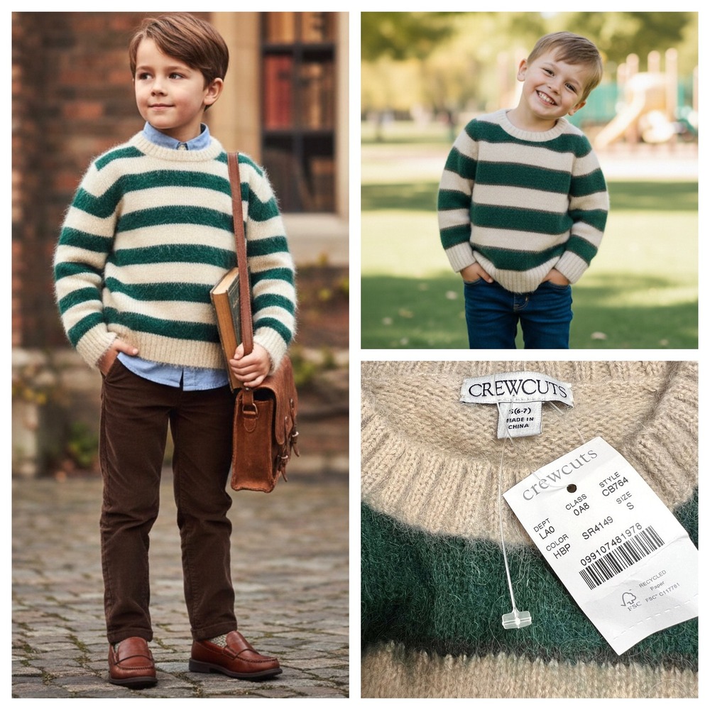 J Crew Crewcuts Boys Green‎ Striped Fuzzy Sweater Wool Alpaca Preppy Small NWT